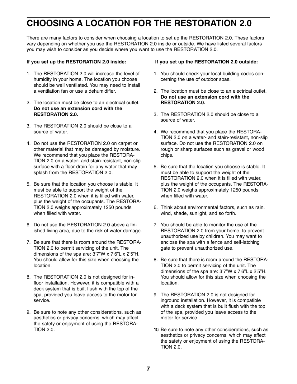 Choosing a location for the restoration 2.0 | ProForm 831.21002 User Manual | Page 7 / 20