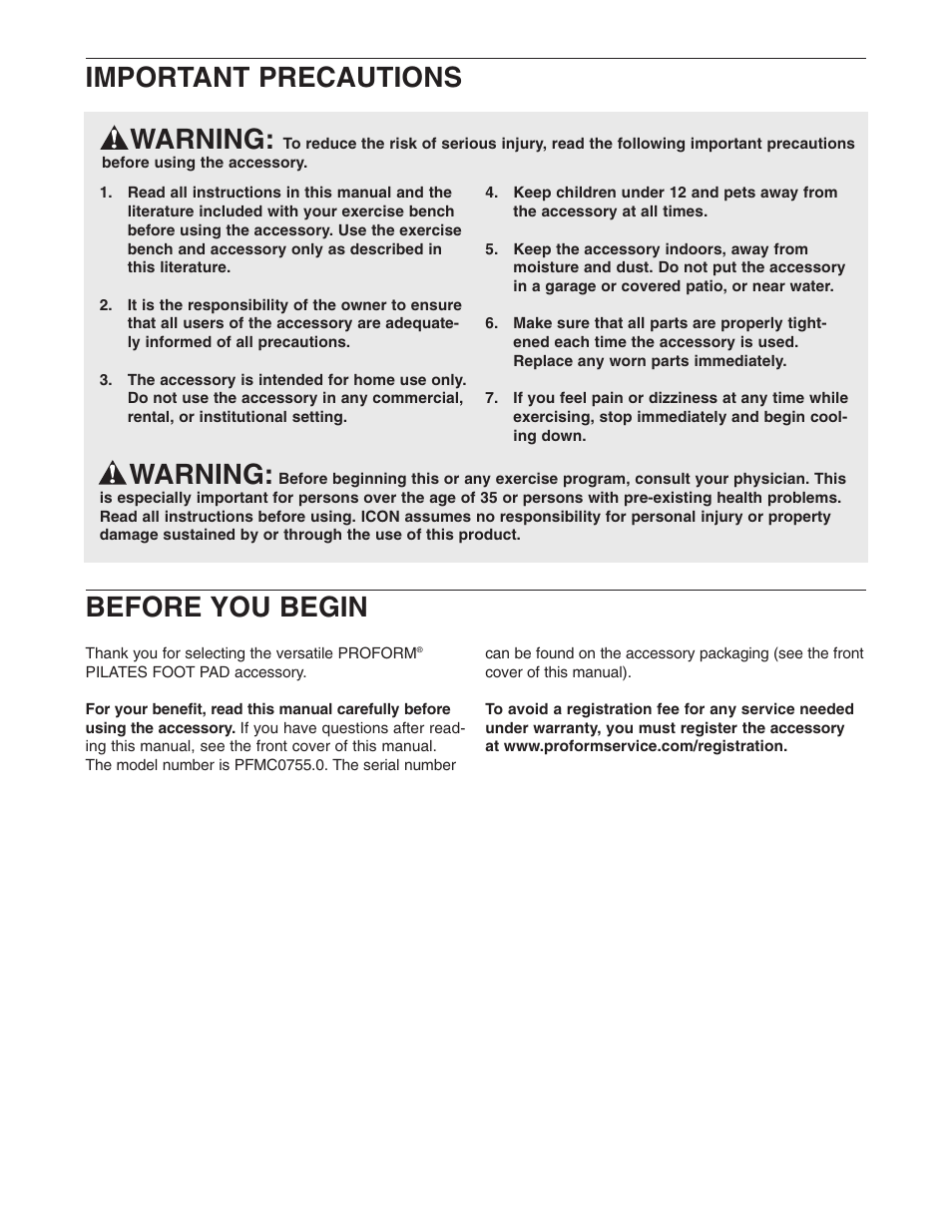 Warning, Important precautions before you begin | ProForm PFMC0755.0 User Manual | Page 2 / 4