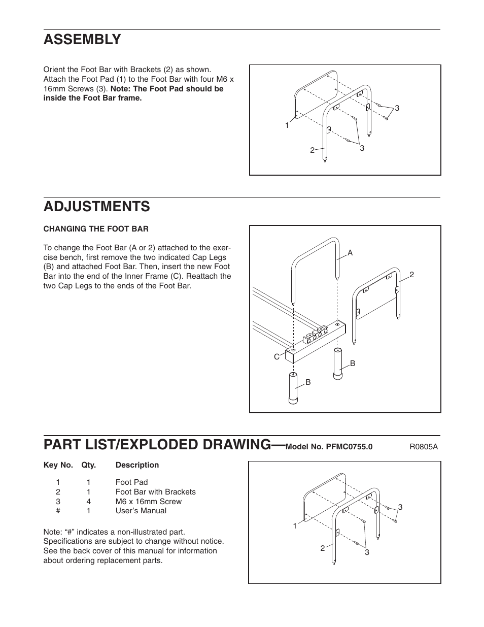Adjustments part list/exploded drawing, Assembly | ProForm PFMC0755.0 User Manual | Page 3 / 4