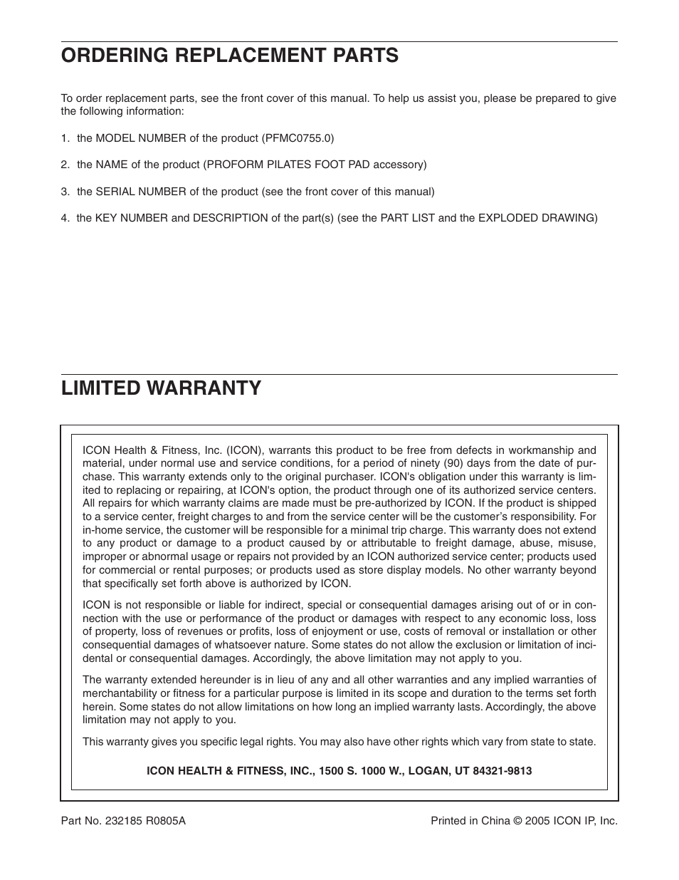 Limited warranty, Ordering replacement parts | ProForm PFMC0755.0 User Manual | Page 4 / 4