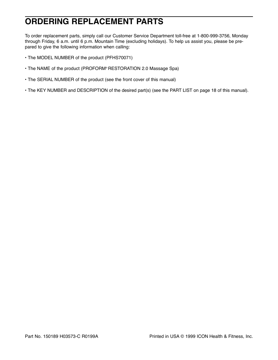 Ordering replacement parts | ProForm PFHS70071 User Manual | Page 20 / 20
