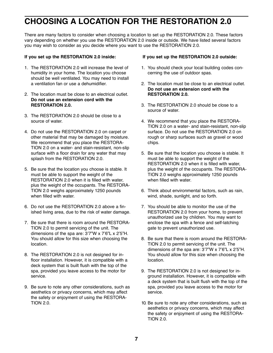 Choosing a location for the restoration 2.0 | ProForm PFHS70071 User Manual | Page 7 / 20
