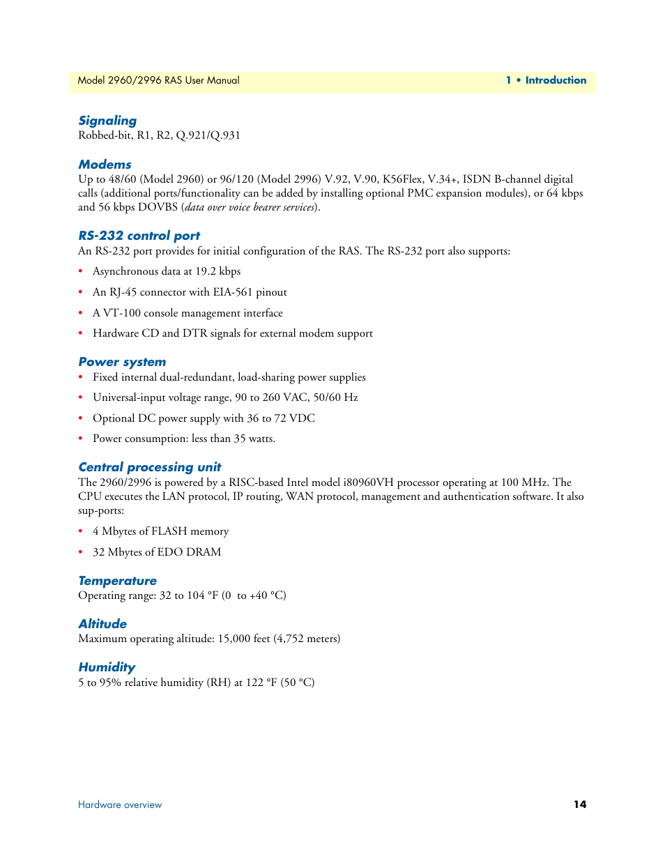 Signaling, Modems, Rs-232 control port | Power system, Central processing unit, Temperature, Altitude, Humidity | Patton electronic 2996 User Manual | Page 14 / 65