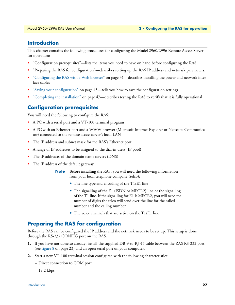 Introduction, Configuration prerequisites, Preparing the ras for configuration | Patton electronic 2996 User Manual | Page 27 / 65