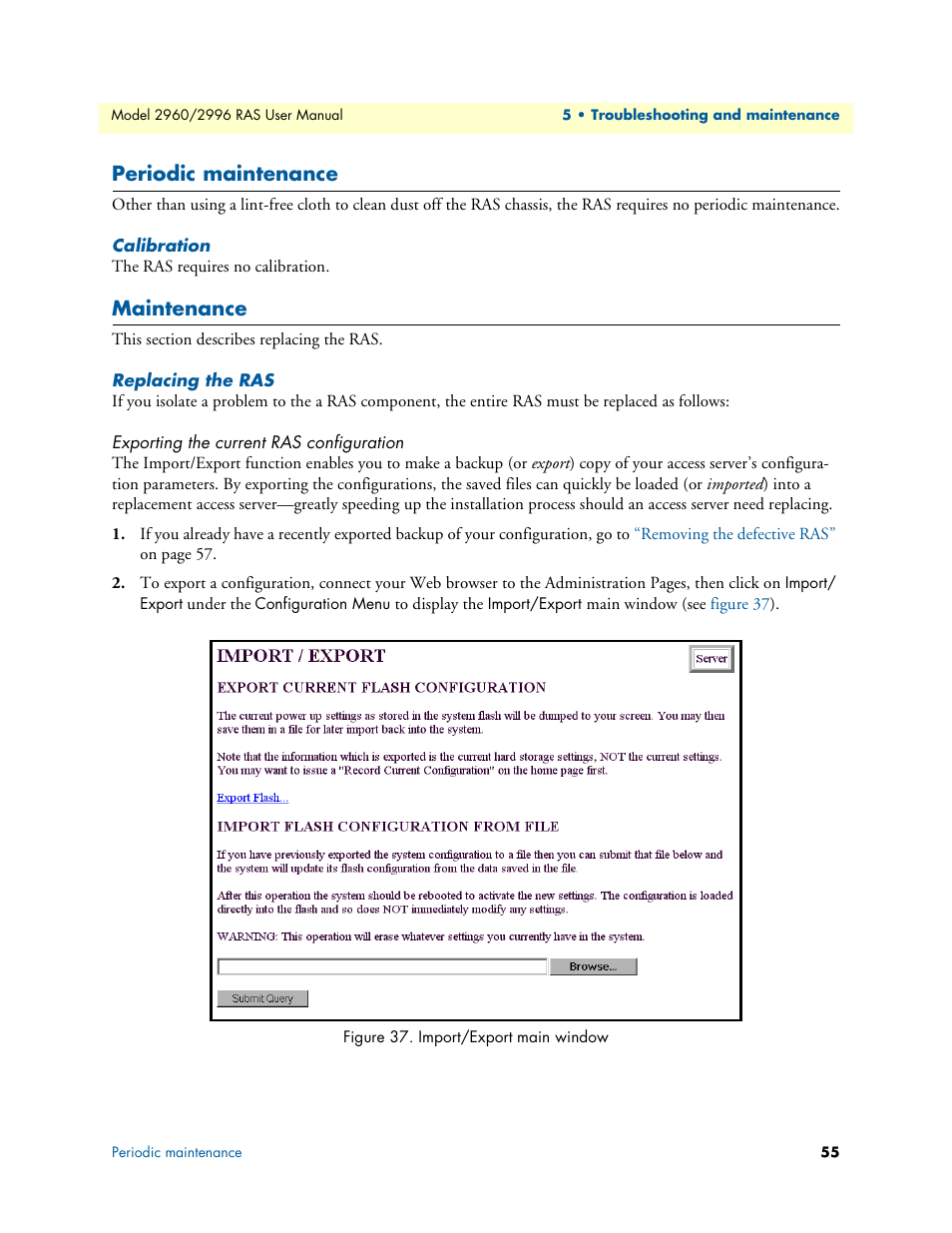 Periodic maintenance, Calibration, Maintenance | Replacing the ras, Exporting the current ras configuration, R to, Replacing, The ras, Replacing the | Patton electronic 2996 User Manual | Page 55 / 65