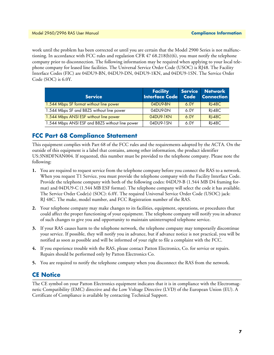 Fcc part 68 compliance statement, Ce notice | Patton electronic 2996 User Manual | Page 7 / 65