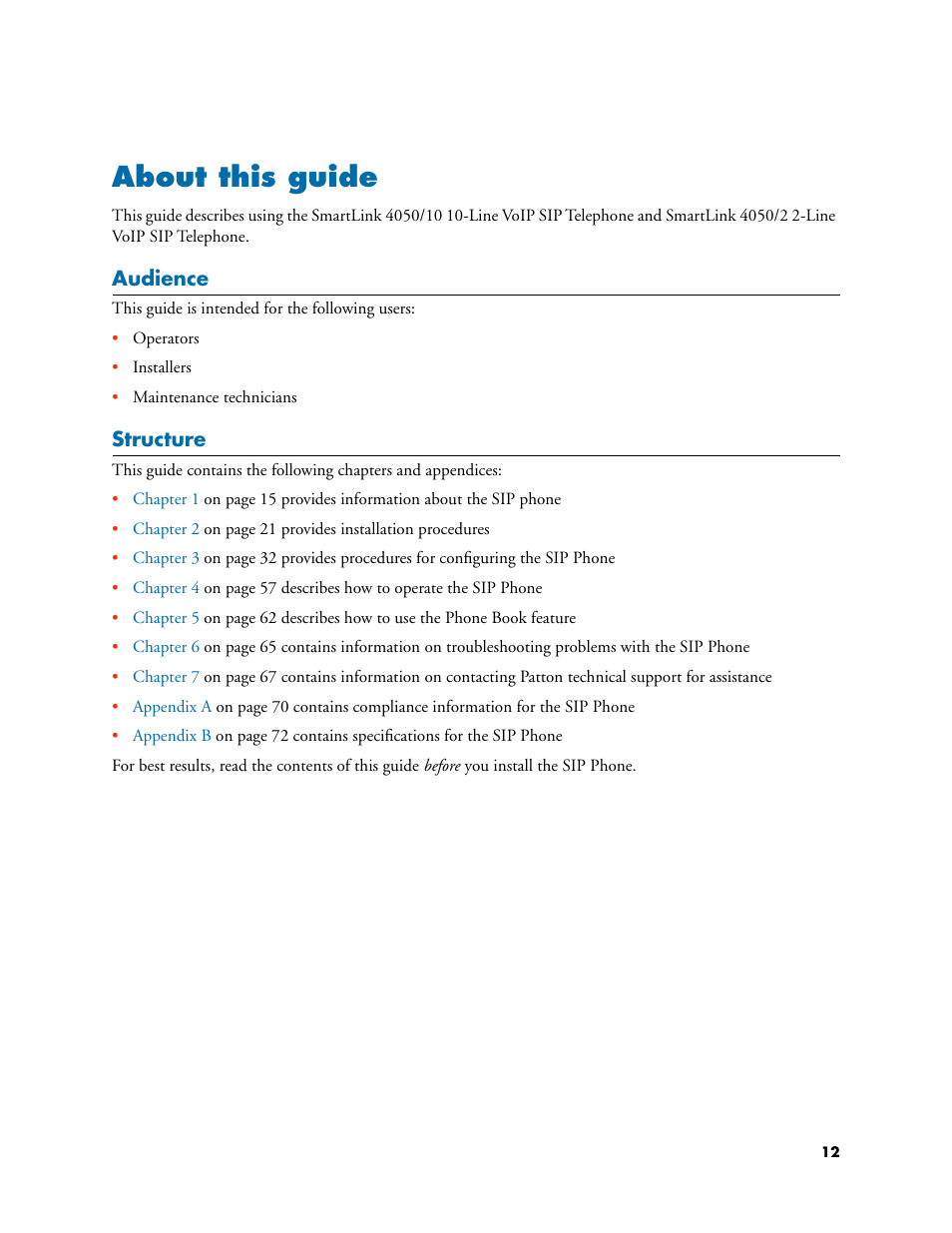 About this guide, Audience, Structure | Patton electronic SL4050/10 User Manual | Page 12 / 75
