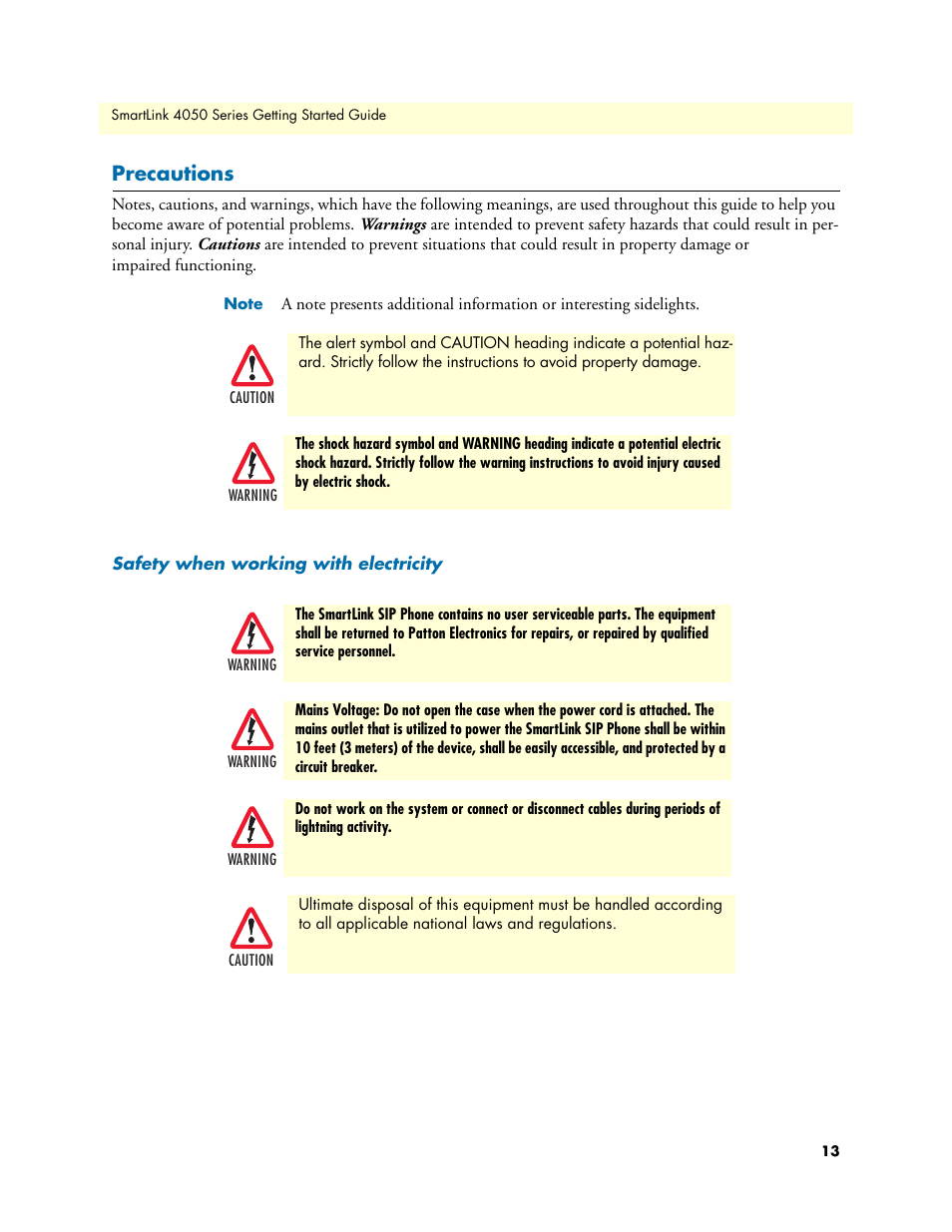 Precautions, Safety when working with electricity | Patton electronic SL4050/10 User Manual | Page 13 / 75
