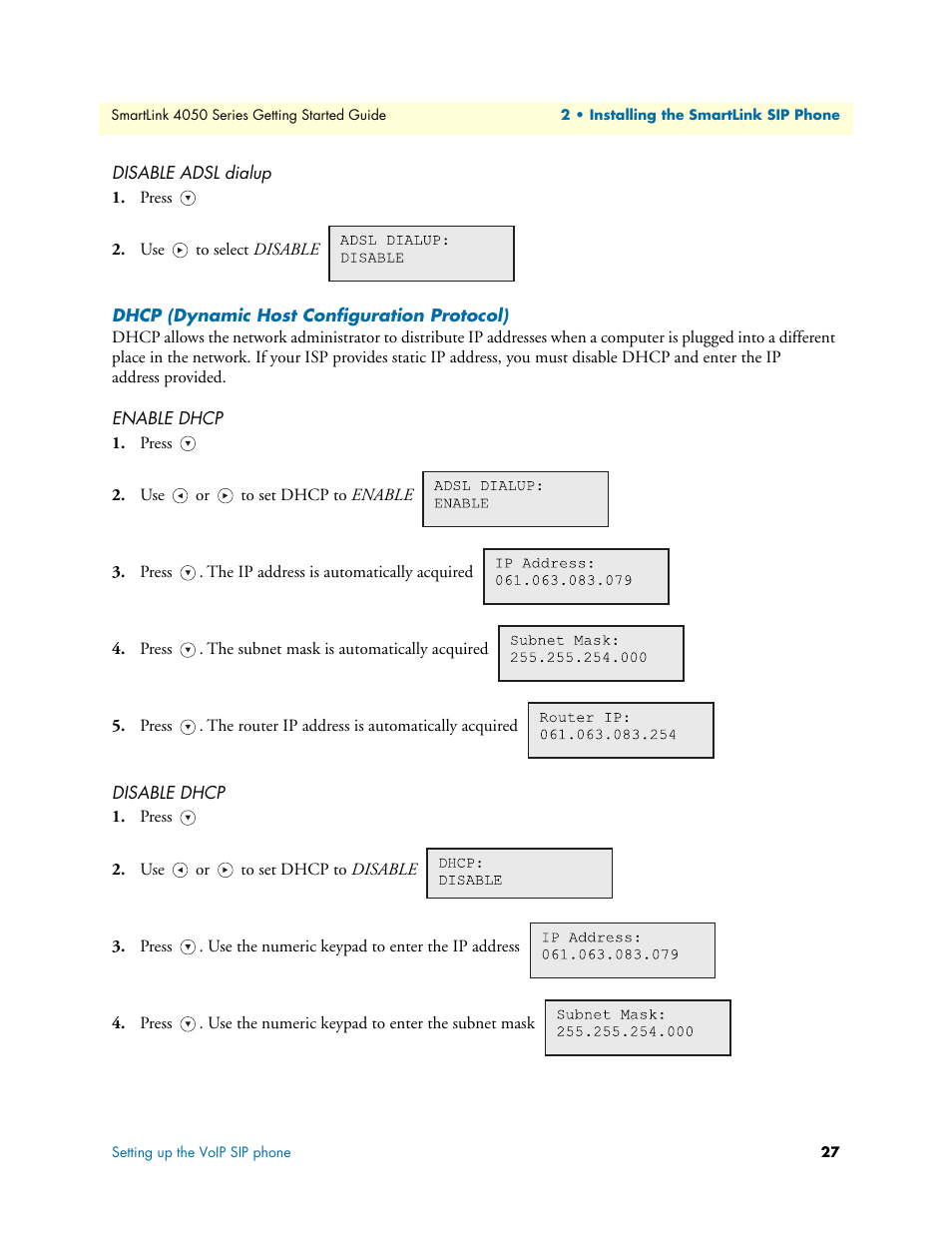 Disable adsl dialup, Dhcp (dynamic host configuration protocol), Enable dhcp | Disable dhcp | Patton electronic SL4050/10 User Manual | Page 27 / 75