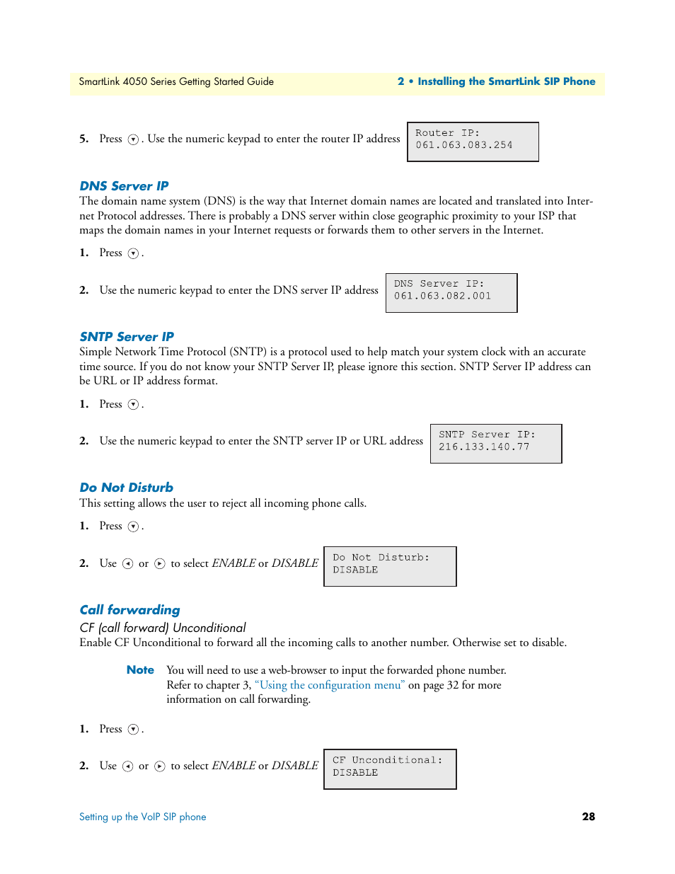 Dns server ip, Sntp server ip, Do not disturb | Call forwarding, Cf (call forward) unconditional | Patton electronic SL4050/10 User Manual | Page 28 / 75