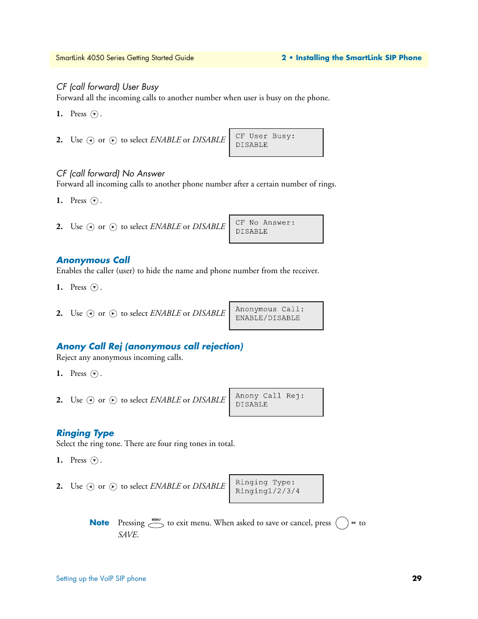 Cf (call forward) user busy, Cf (call forward) no answer, Anonymous call | Anony call rej (anonymous call rejection), Ringing type | Patton electronic SL4050/10 User Manual | Page 29 / 75