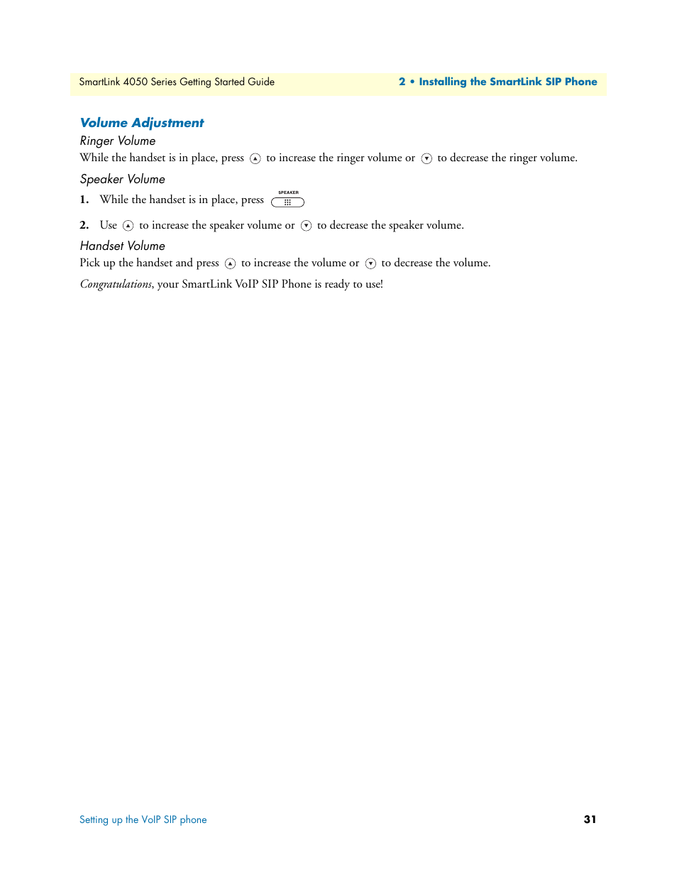 Volume adjustment, Ringer volume, Speaker volume | Handset volume | Patton electronic SL4050/10 User Manual | Page 31 / 75