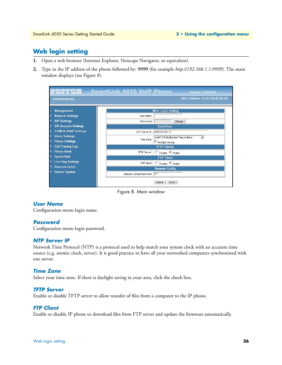 Web login setting, User name, Password | Ntp server ip, Time zone, Tftp server, Ftp client, Main window | Patton electronic SL4050/10 User Manual | Page 36 / 75