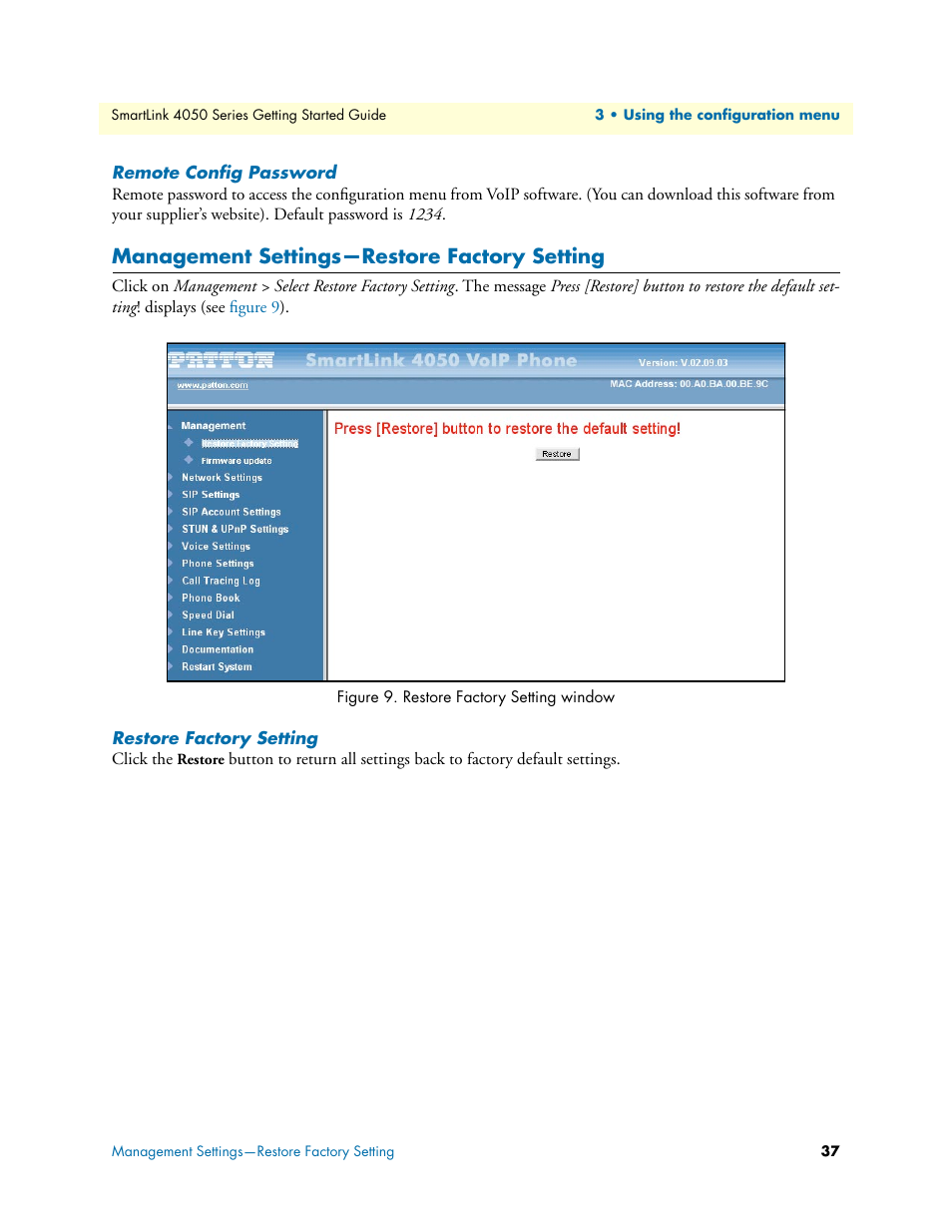 Remote config password, Management settings—restore factory setting, Restore factory setting | Restore factory setting window | Patton electronic SL4050/10 User Manual | Page 37 / 75