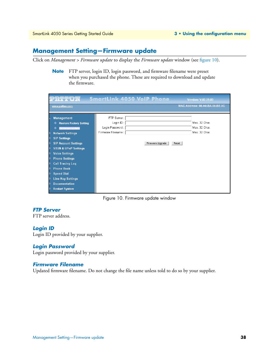 Management setting—firmware update, Ftp server, Login id | Login password, Firmware filename, Firmware update window | Patton electronic SL4050/10 User Manual | Page 38 / 75