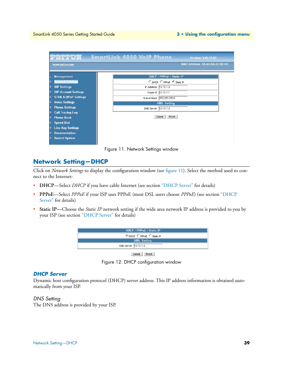 Network setting—dhcp, Dhcp server, Dns setting | Network settings window, Dhcp configuration window | Patton electronic SL4050/10 User Manual | Page 39 / 75