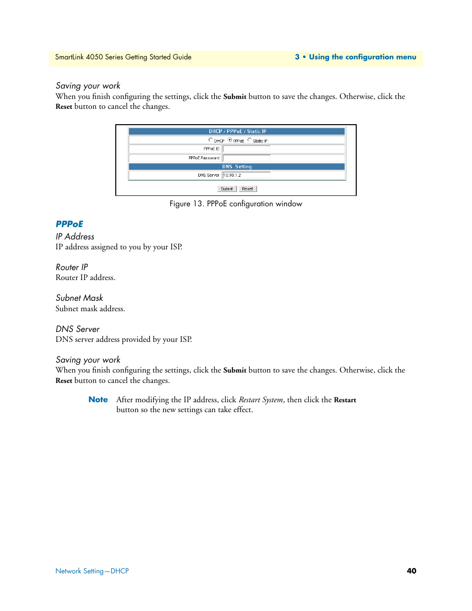 Saving your work, Pppoe, Ip address | Router ip, Subnet mask, Dns server, Pppoe configuration window | Patton electronic SL4050/10 User Manual | Page 40 / 75