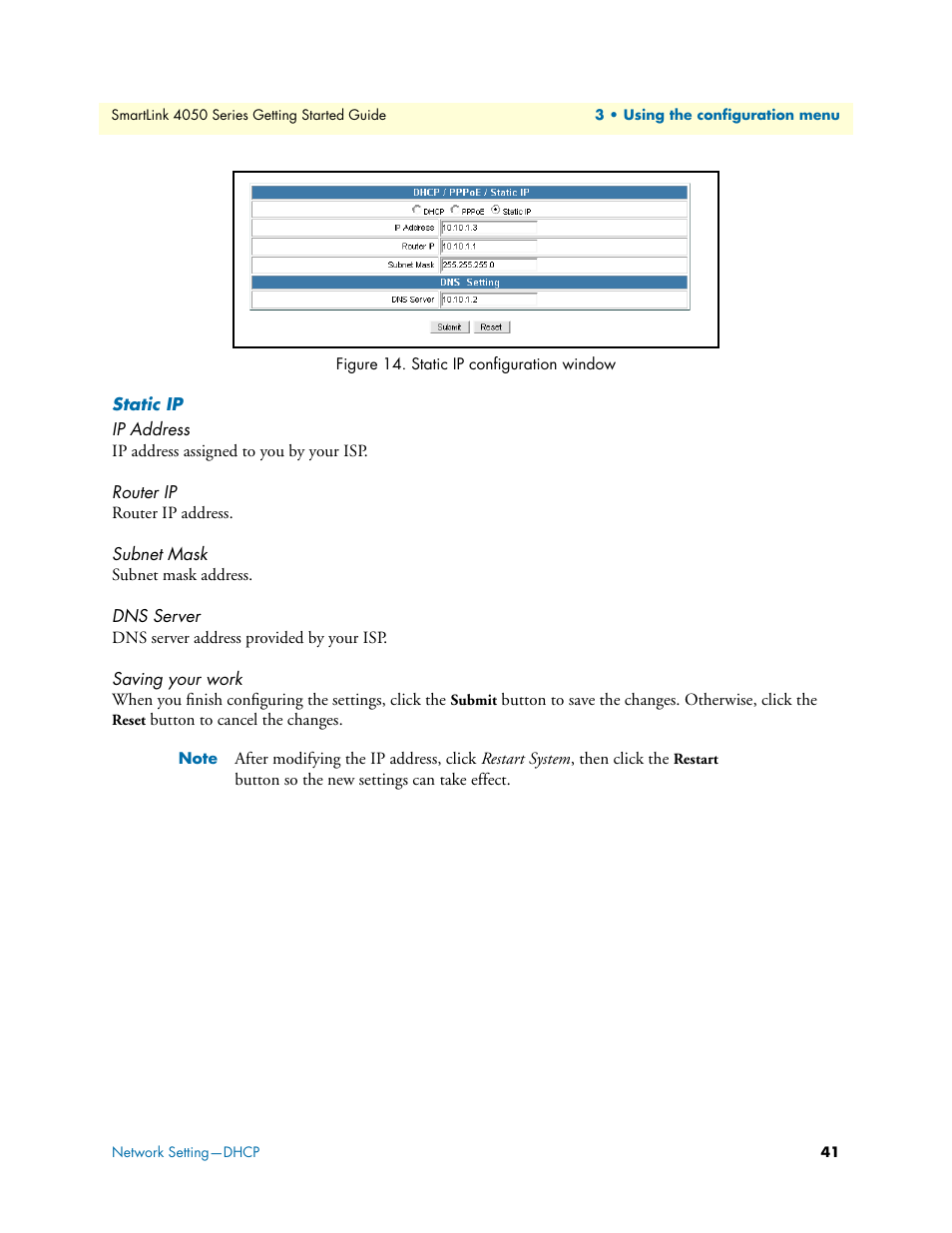 Static ip, Ip address, Router ip | Subnet mask, Dns server, Saving your work, Static ip configuration window | Patton electronic SL4050/10 User Manual | Page 41 / 75