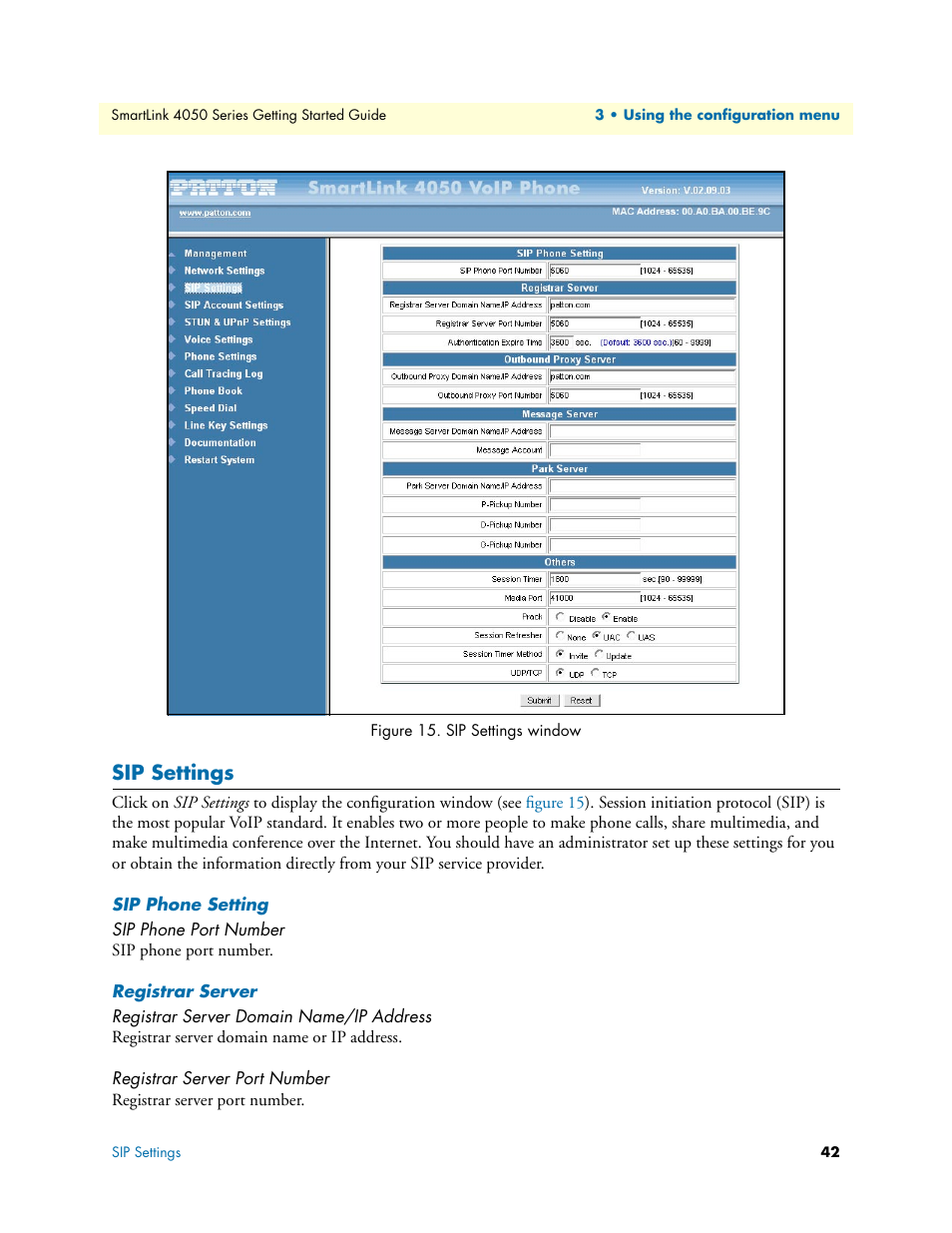 Sip settings, Sip phone setting, Sip phone port number | Registrar server, Registrar server domain name/ip address, Registrar server port number, Sip settings window | Patton electronic SL4050/10 User Manual | Page 42 / 75