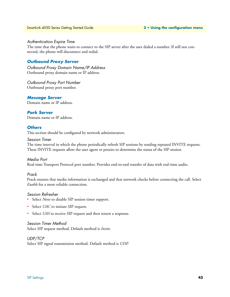 Authentication expire time, Outbound proxy server, Outbound proxy domain name/ip address | Outbound proxy port number, Message server, Park server, Others, Session timer, Media port, Prack | Patton electronic SL4050/10 User Manual | Page 43 / 75
