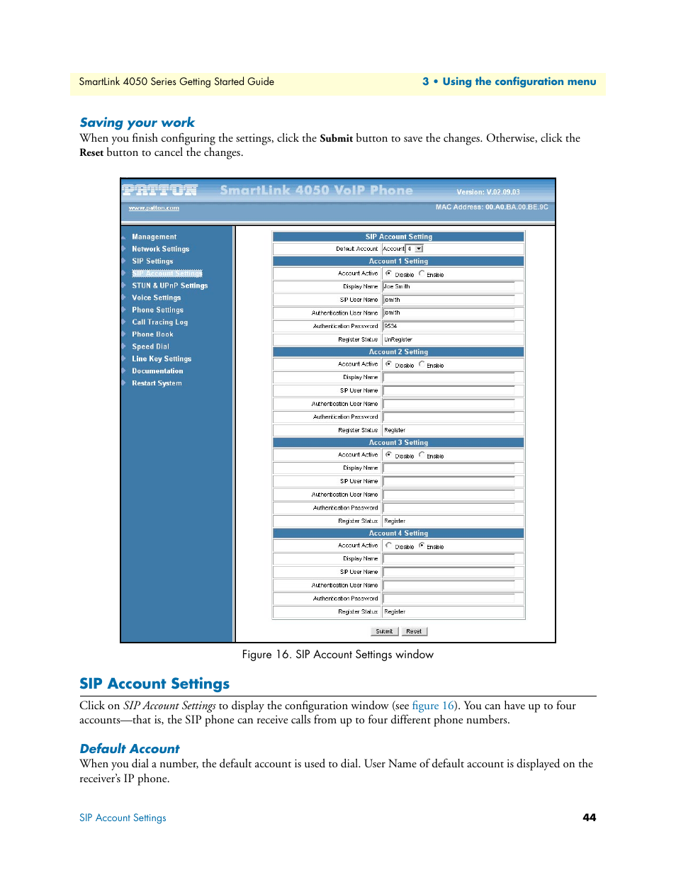Saving your work, Sip account settings, Default account | Sip account settings window | Patton electronic SL4050/10 User Manual | Page 44 / 75