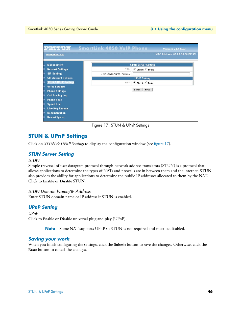 Stun & upnp settings, Stun server setting, Stun | Stun domain name/ip address, Upnp setting, Upnp, Saving your work | Patton electronic SL4050/10 User Manual | Page 46 / 75