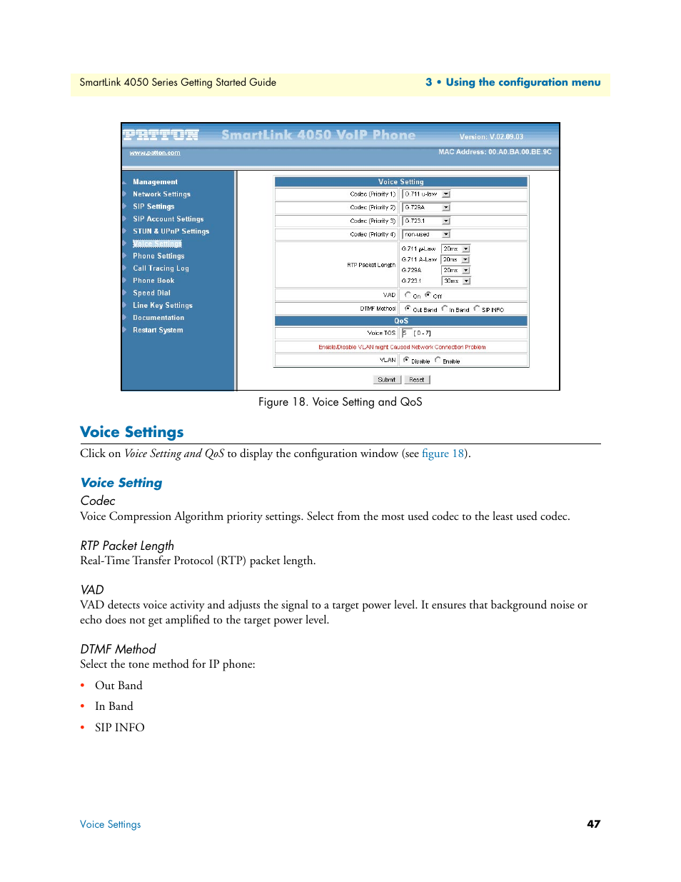 Voice settings, Voice setting, Codec | Rtp packet length, Dtmf method, Voice setting and qos | Patton electronic SL4050/10 User Manual | Page 47 / 75