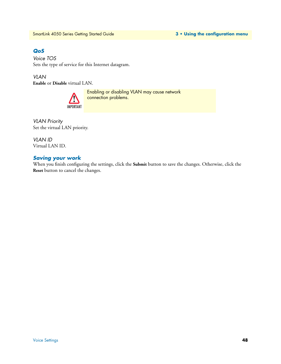 Voice tos, Vlan, Vlan priority | Vlan id, Saving your work | Patton electronic SL4050/10 User Manual | Page 48 / 75