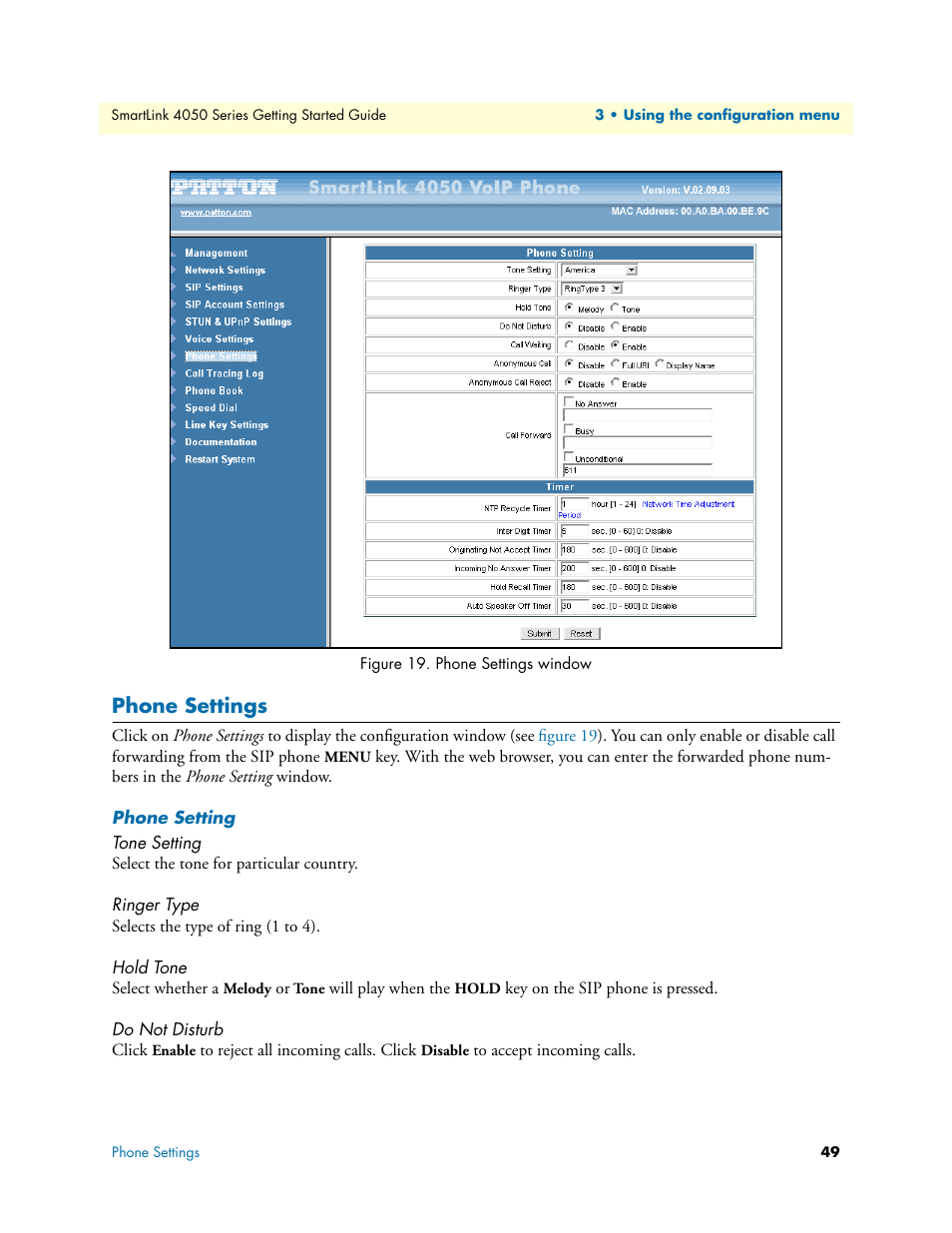 Phone settings, Phone setting, Tone setting | Ringer type, Hold tone, Do not disturb, Phone settings window | Patton electronic SL4050/10 User Manual | Page 49 / 75