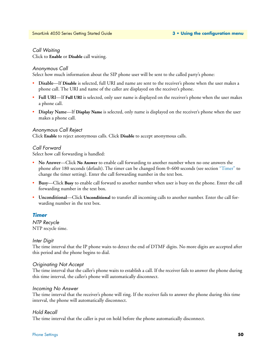 Call waiting, Anonymous call, Anonymous call reject | Call forward, Timer, Ntp recycle, Inter digit, Originating not accept, Incoming no answer, Hold recall | Patton electronic SL4050/10 User Manual | Page 50 / 75
