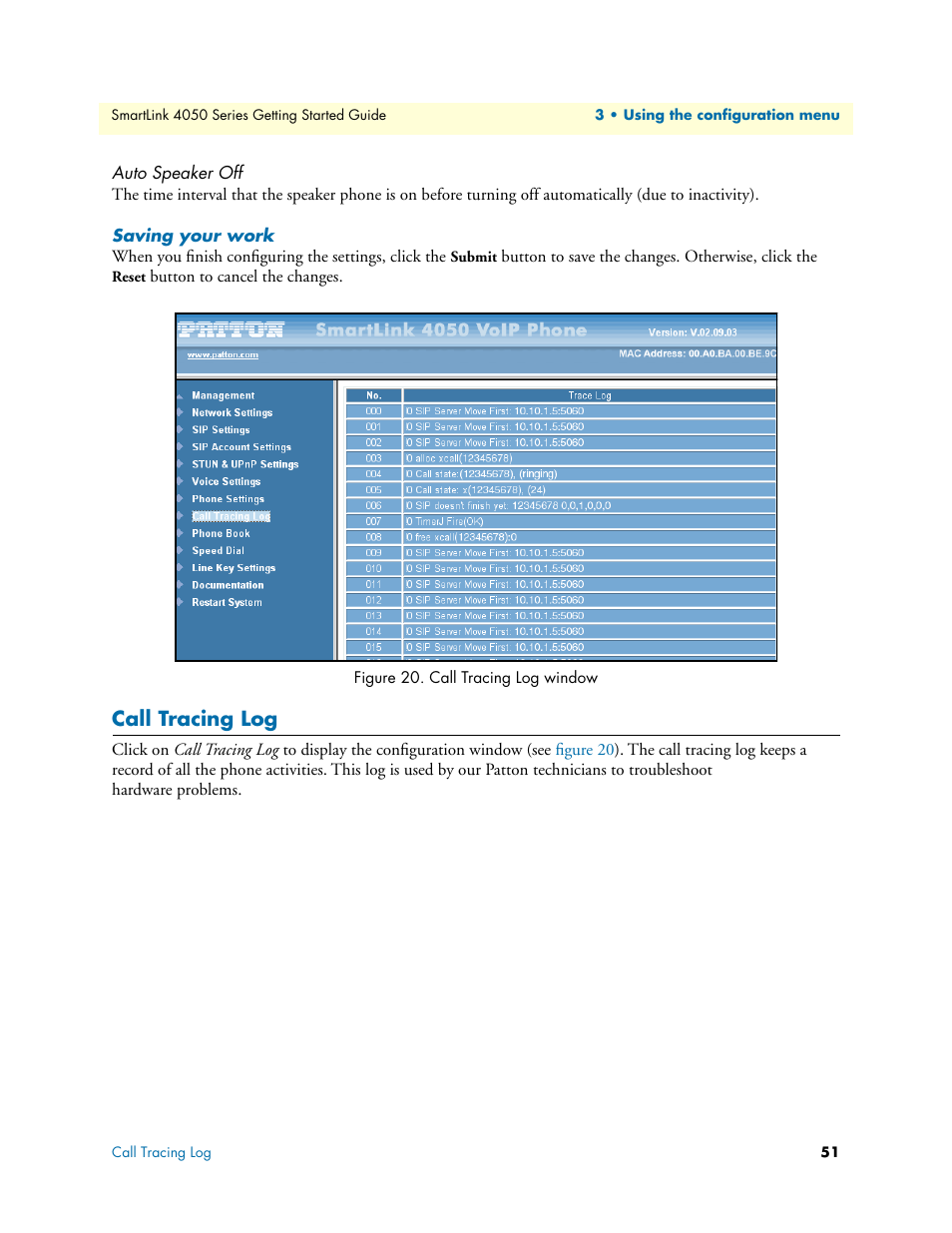 Auto speaker off, Saving your work, Call tracing log | Call tracing log window | Patton electronic SL4050/10 User Manual | Page 51 / 75
