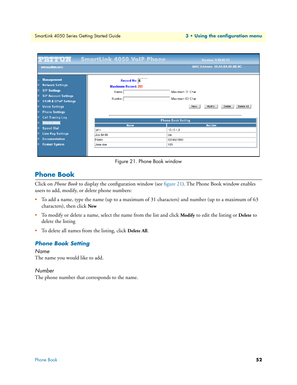Phone book, Phone book setting, Name | Number, Phone book window | Patton electronic SL4050/10 User Manual | Page 52 / 75