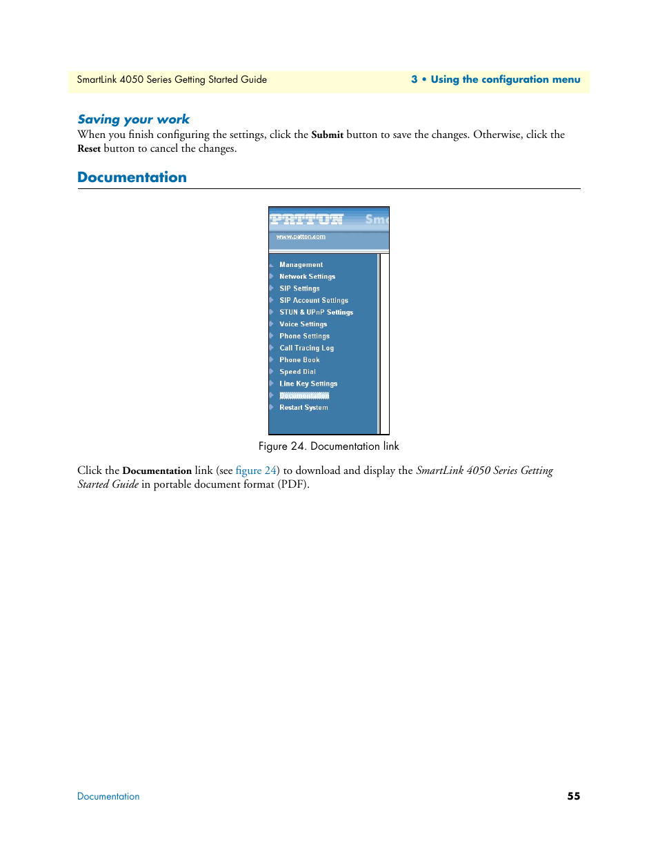Saving your work, Documentation, Documentation link | Patton electronic SL4050/10 User Manual | Page 55 / 75