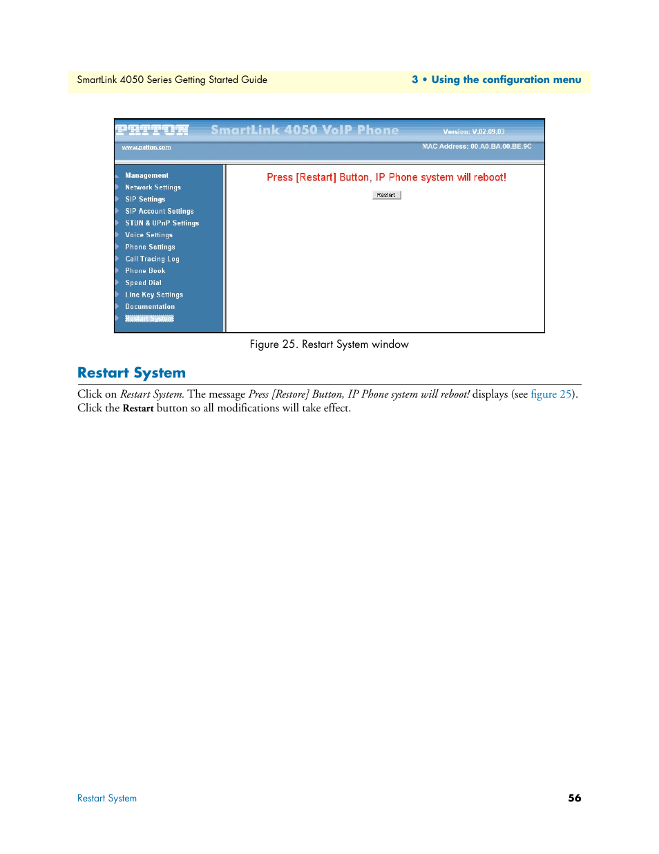 Restart system, Restart system window | Patton electronic SL4050/10 User Manual | Page 56 / 75