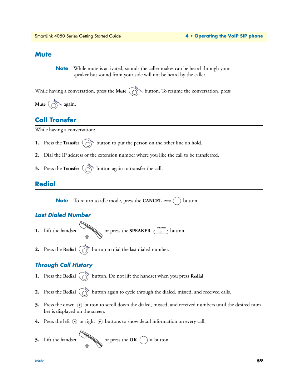 Mute, Call transfer, Redial | Last dialed number, Through call history | Patton electronic SL4050/10 User Manual | Page 59 / 75