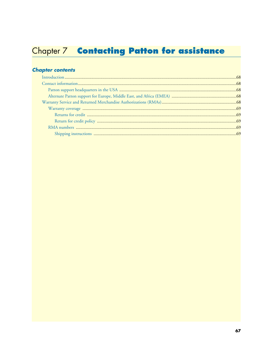 Chapter 7 contacting patton for assistance, Contacting patton for assistance, Chapter 7 | Patton electronic SL4050/10 User Manual | Page 67 / 75