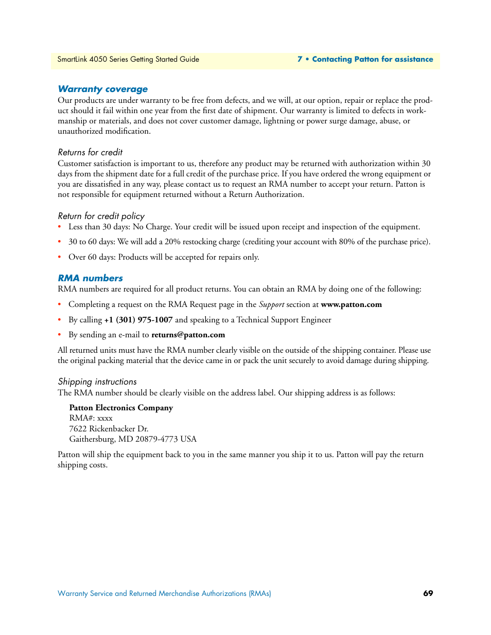 Warranty coverage, Returns for credit, Return for credit policy | Rma numbers, Shipping instructions | Patton electronic SL4050/10 User Manual | Page 69 / 75