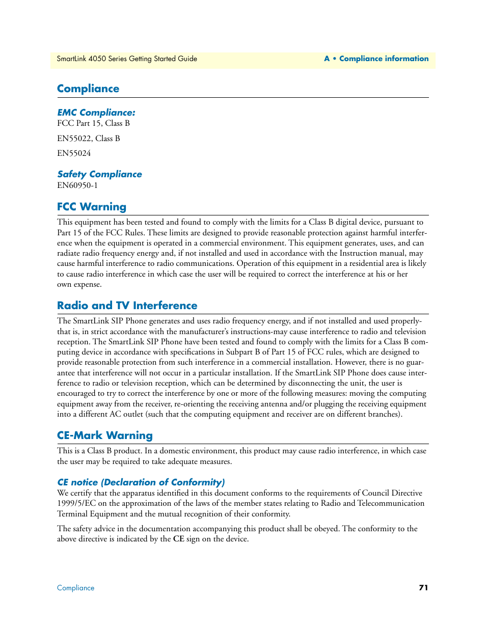 Compliance, Emc compliance, Safety compliance | Fcc warning, Radio and tv interference, Ce-mark warning, Ce notice (declaration of conformity) | Patton electronic SL4050/10 User Manual | Page 71 / 75