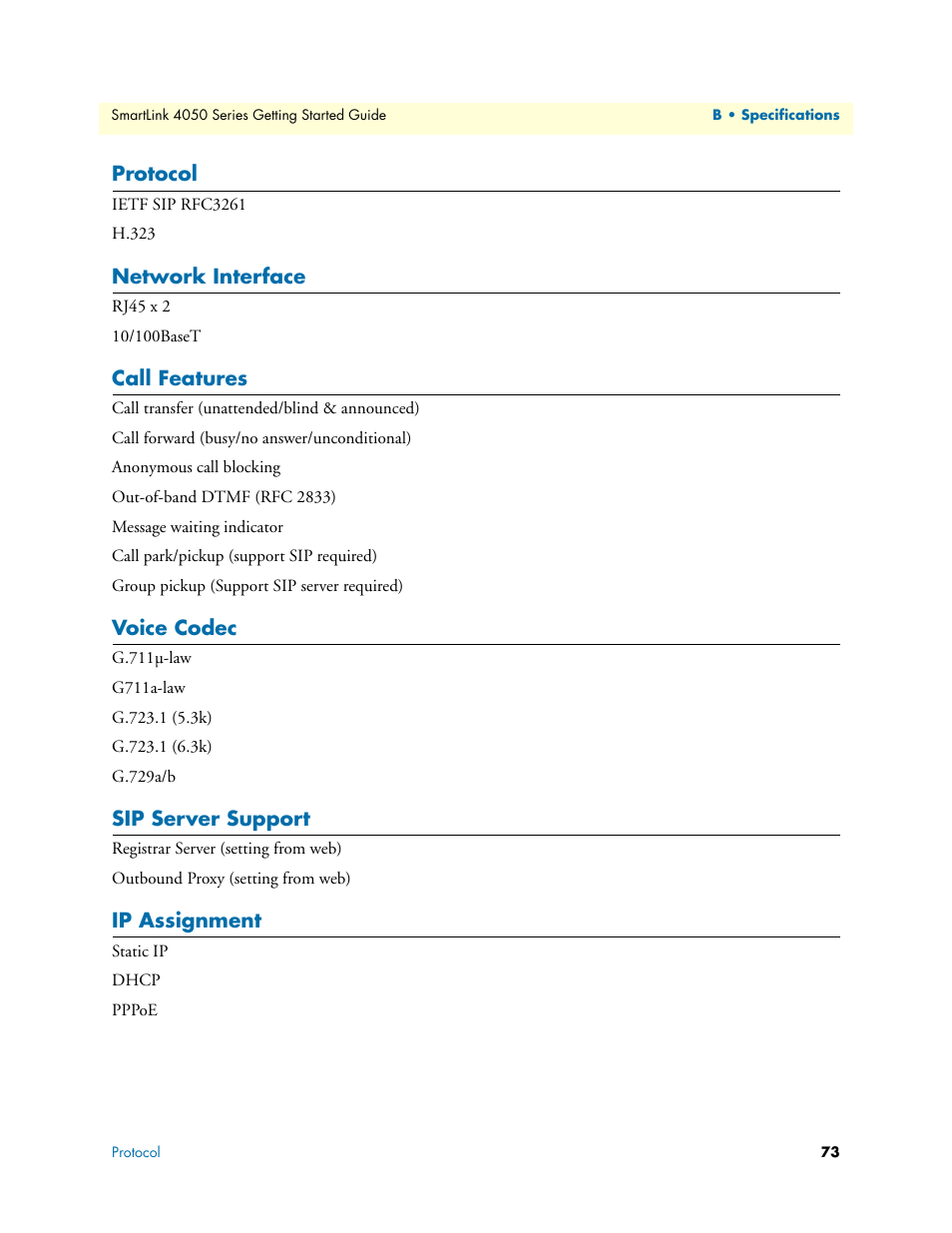 Protocol, Network interface, Call features | Voice codec, Sip server support, Ip assignment | Patton electronic SL4050/10 User Manual | Page 73 / 75