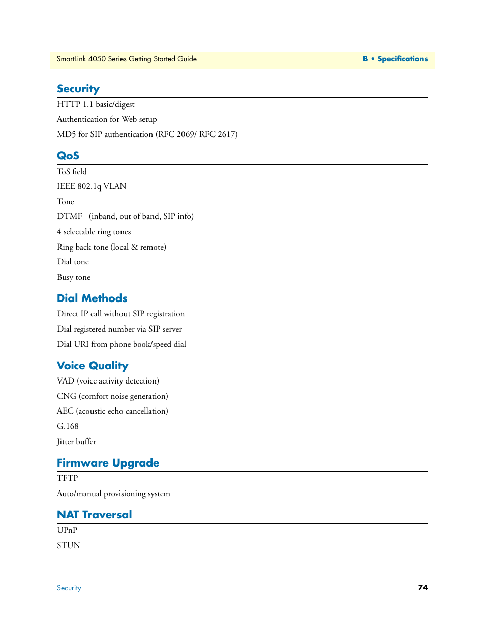 Security, Dial methods, Voice quality | Firmware upgrade, Nat traversal | Patton electronic SL4050/10 User Manual | Page 74 / 75