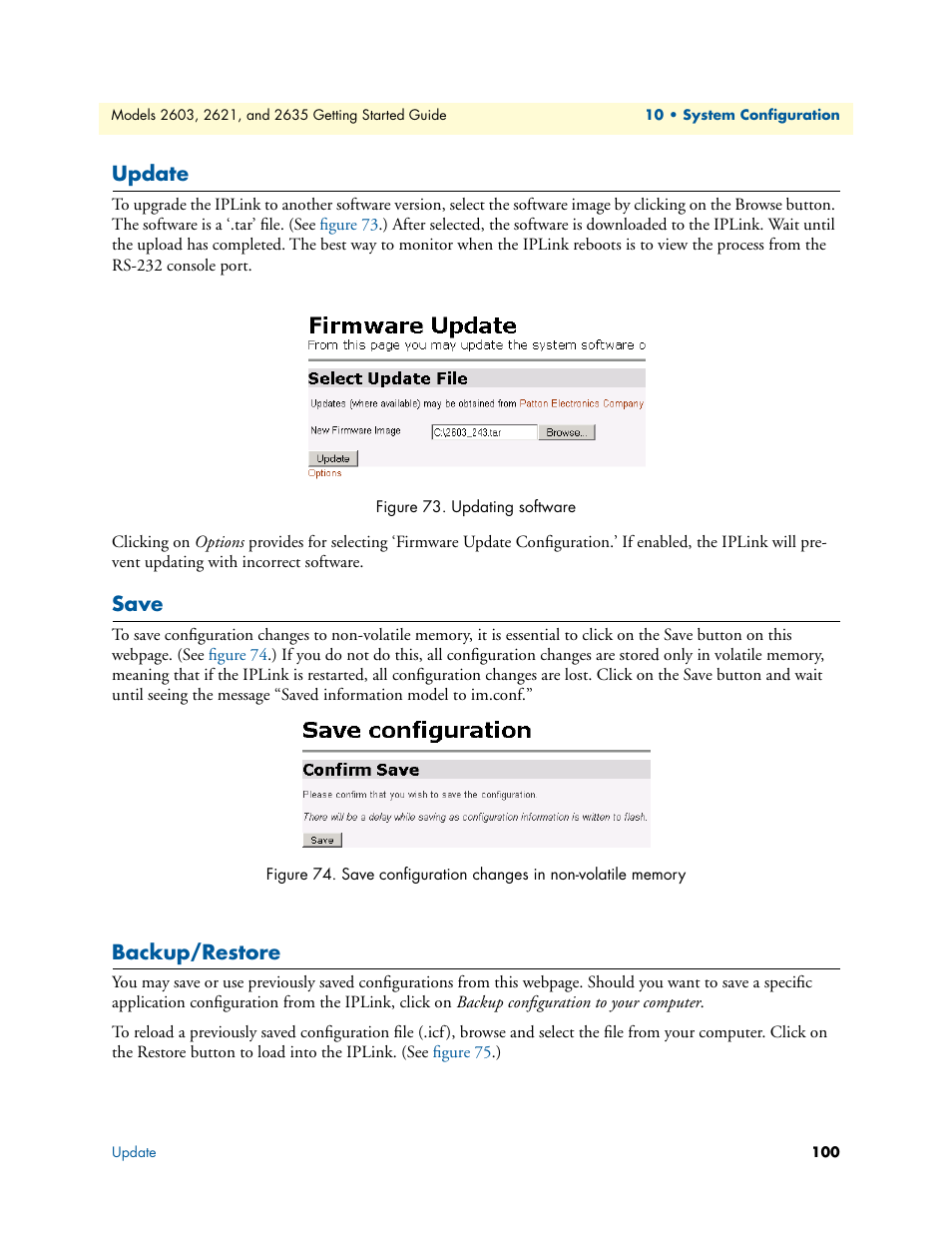 Update, Save, Backup/restore | Update save backup/restore, Updating software, Save configuration changes in non-volatile memory | Patton electronic PATTON 2603 User Manual | Page 100 / 133