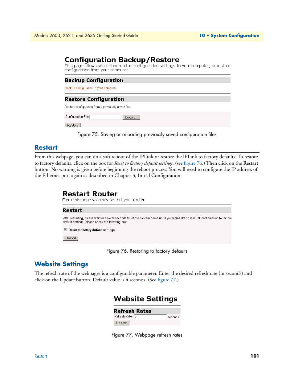 Restart, Website settings, Restoring to factory defaults | Figure 75 | Patton electronic PATTON 2603 User Manual | Page 101 / 133