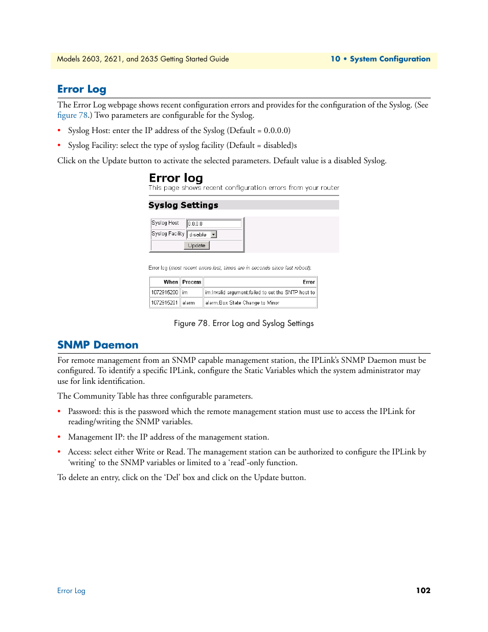 Error log, Snmp daemon, Error log snmp daemon | Error log and syslog settings | Patton electronic PATTON 2603 User Manual | Page 102 / 133