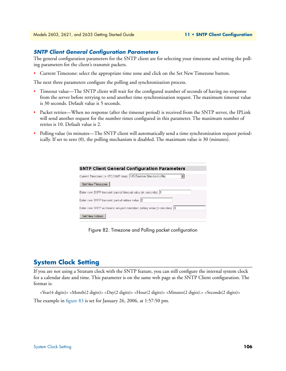 Sntp client general configuration parameters, System clock setting, Timezone and polling packet configuration | Patton electronic PATTON 2603 User Manual | Page 106 / 133