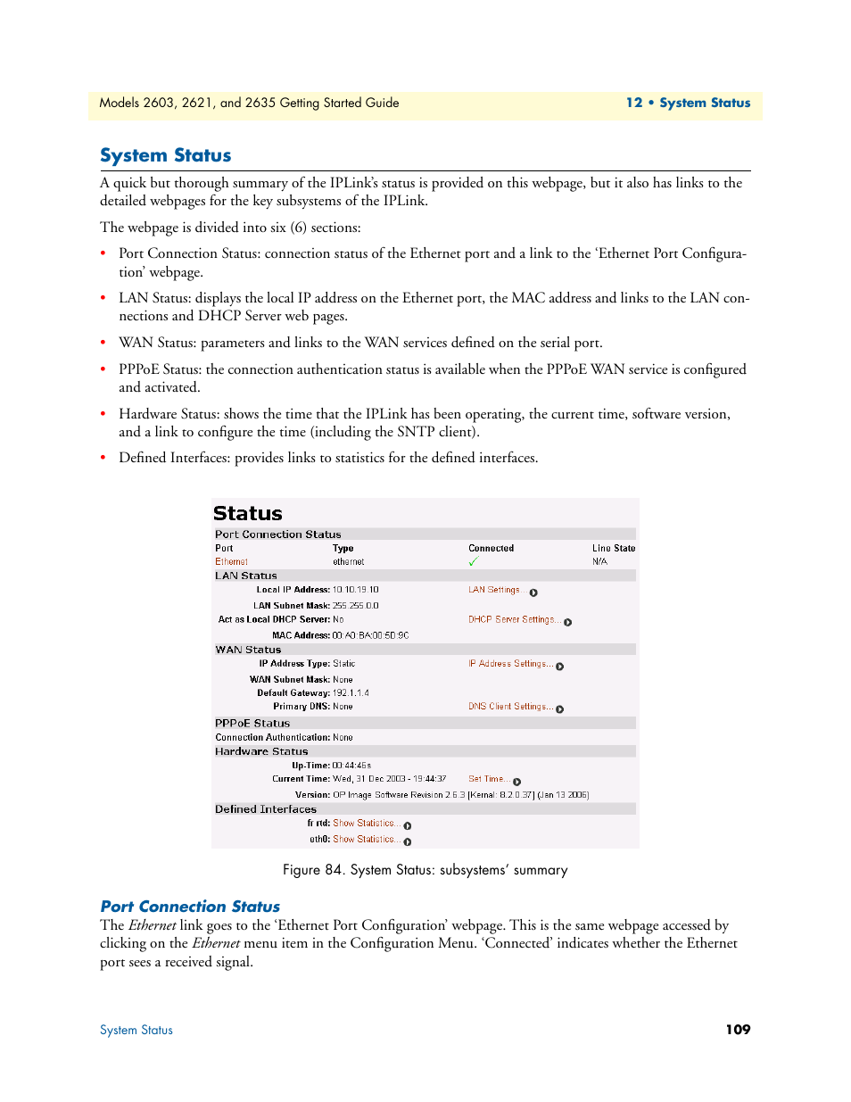 System status, Port connection status, System status: subsystems’ summary | Patton electronic PATTON 2603 User Manual | Page 109 / 133