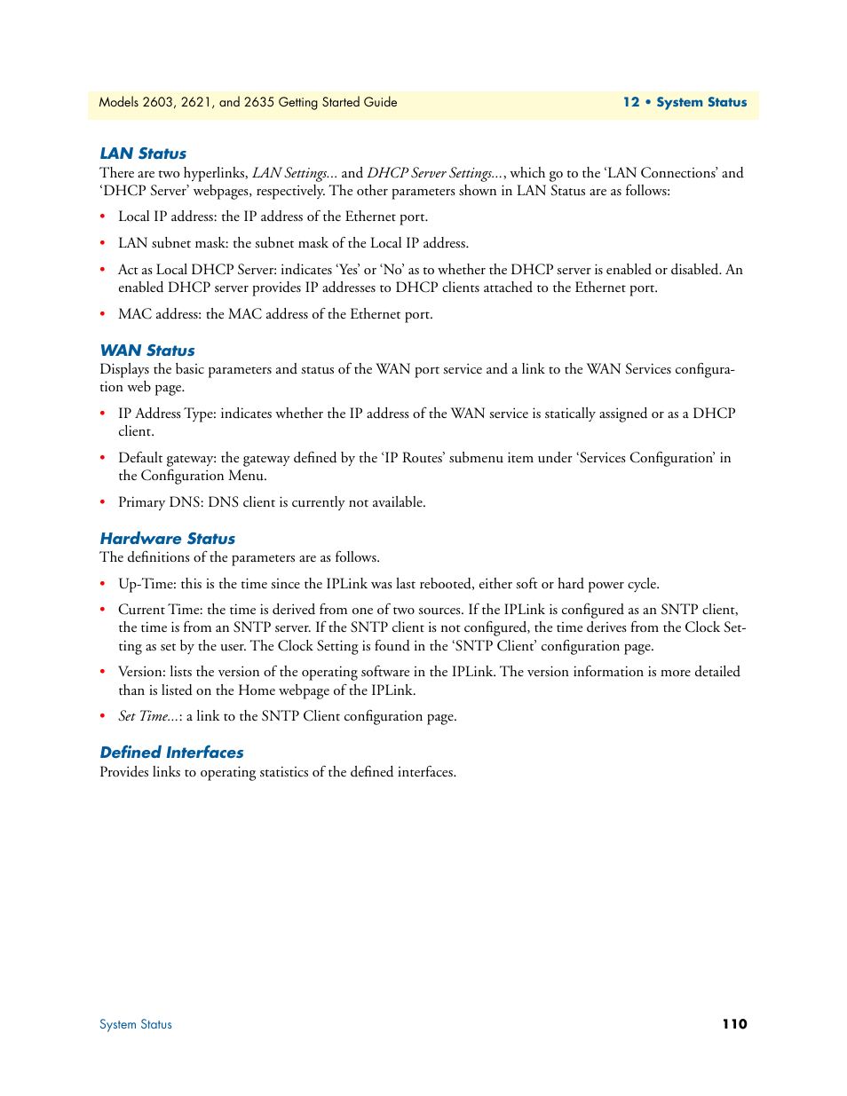 Lan status, Wan status, Hardware status | Defined interfaces | Patton electronic PATTON 2603 User Manual | Page 110 / 133