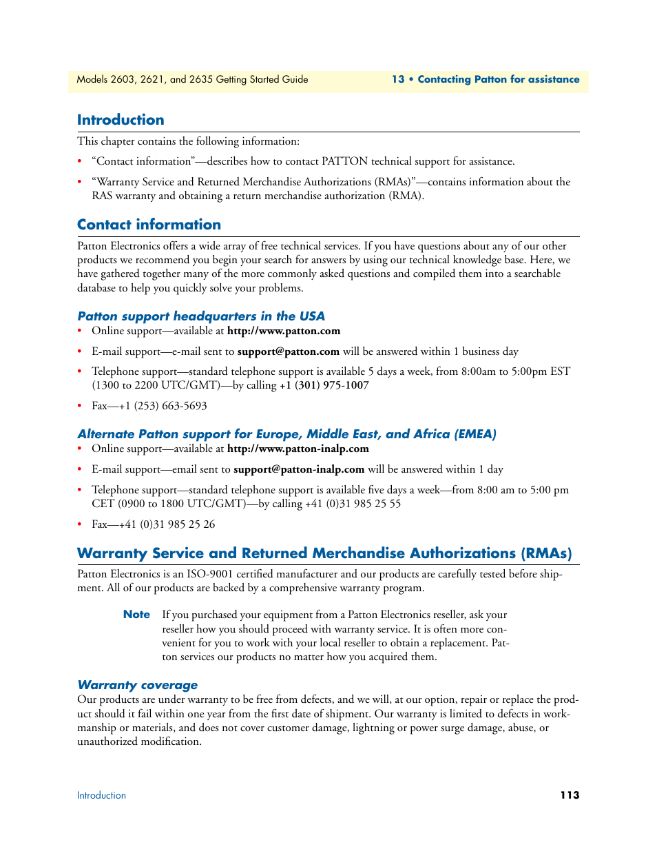 Introduction, Contact information, Patton support headquarters in the usa | Warranty coverage, Introduction contact information | Patton electronic PATTON 2603 User Manual | Page 113 / 133