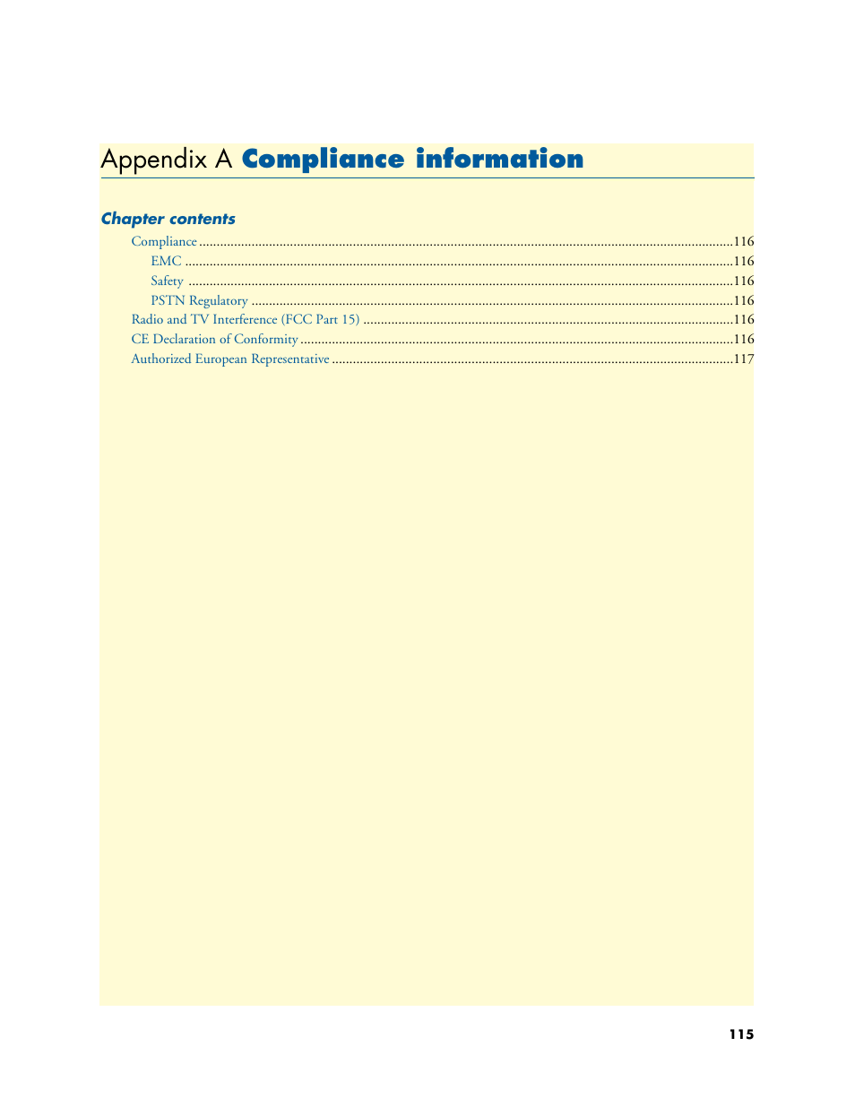 Appendix a compliance information, Compliance information, A compliance information | Appendix a | Patton electronic PATTON 2603 User Manual | Page 115 / 133