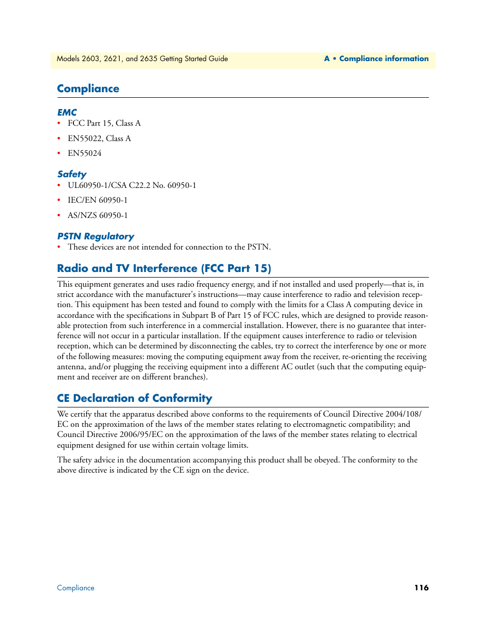 Compliance, Safety, Pstn regulatory | Radio and tv interference (fcc part 15), Ce declaration of conformity, Emc safety pstn regulatory | Patton electronic PATTON 2603 User Manual | Page 116 / 133