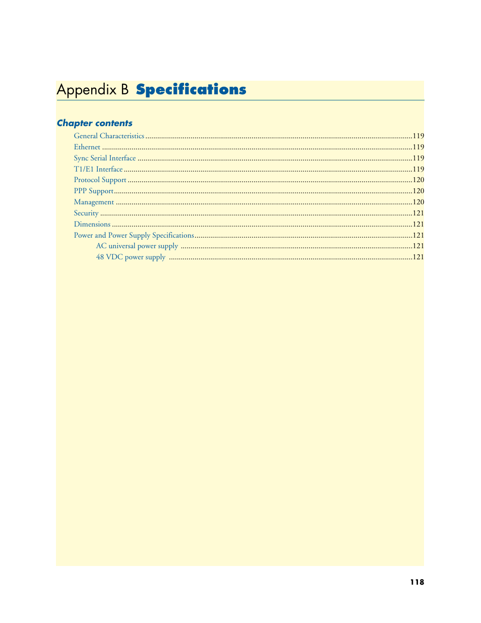Appendix b specifications, Specifications, B specifications | Appendix b | Patton electronic PATTON 2603 User Manual | Page 118 / 133